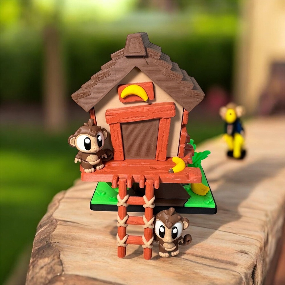 3D Printed Monkey Treehouse Playset Jungle Theme with 3 Monkey Figures Brown Red